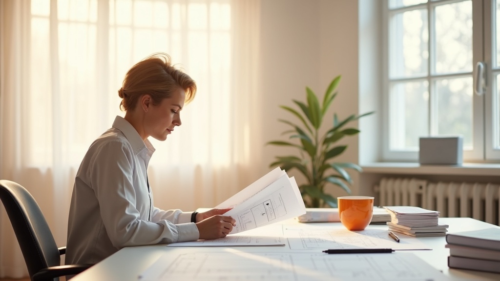 Architekt am hellen Schreibtisch mit HOAI-Plänen